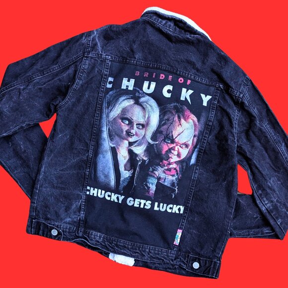 Handmade, Upcycled Bride of Chucky Black Denim Jacket Size M - Picture 1 of 4